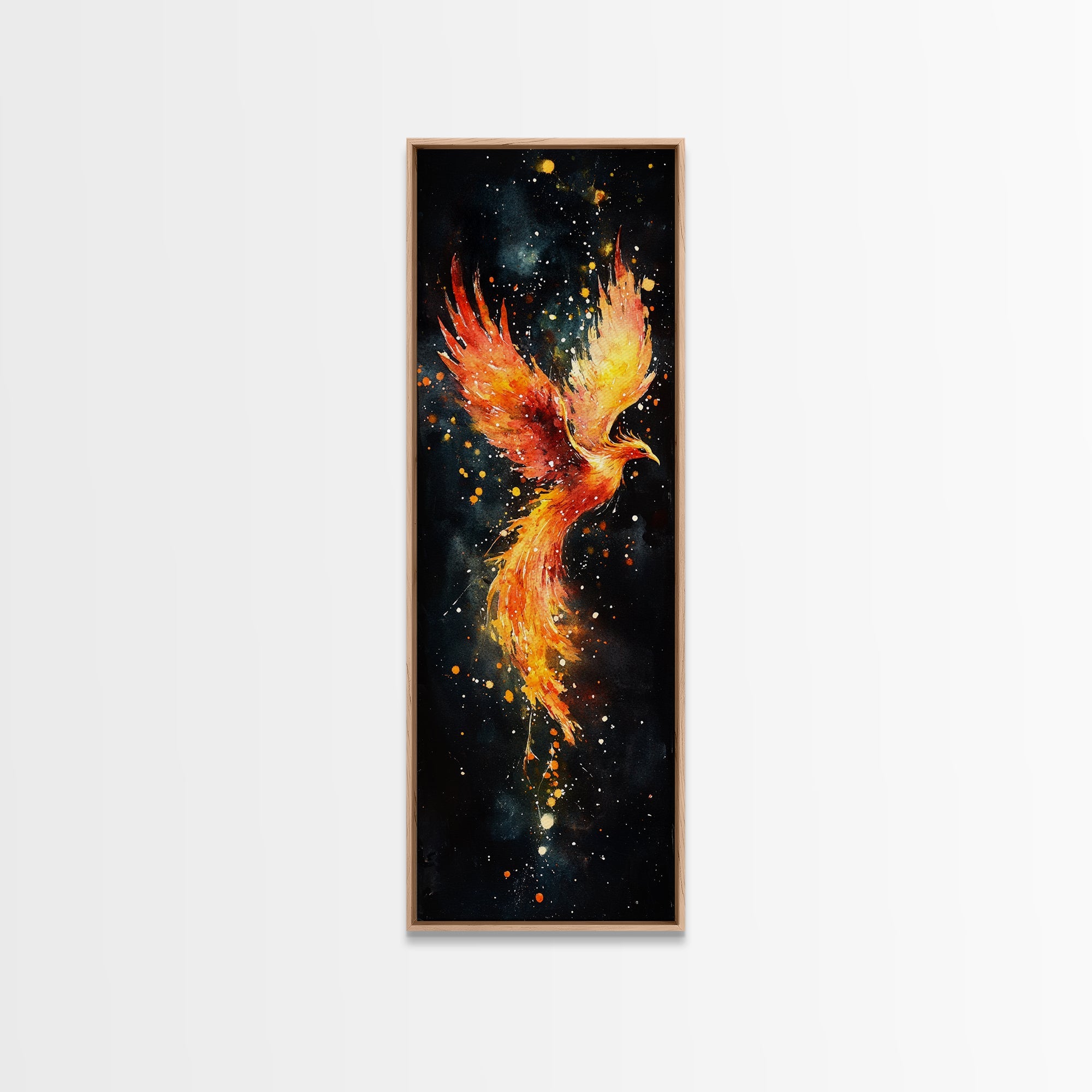 Radiant Phoenix in Flight Canvas Print, Framed Tall Wall Art, Unique Living Room Decor, Firebird Painting for Spiritual Art Lovers