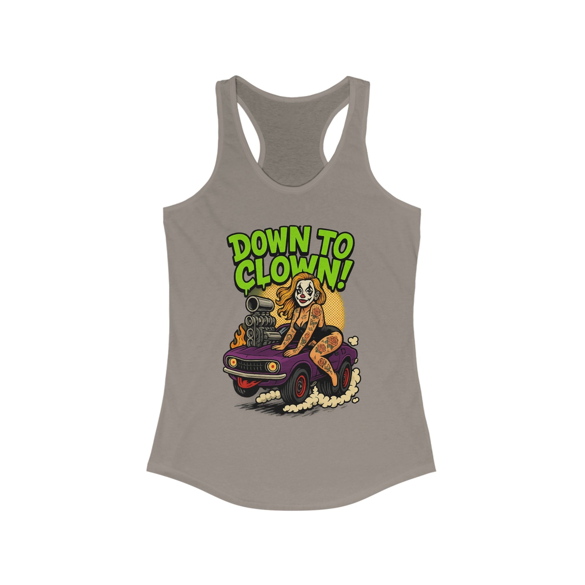 “Down to Clown” Racerback Tank Top – Funny Retro Muscle Car Clown Graphic Shirt for Women