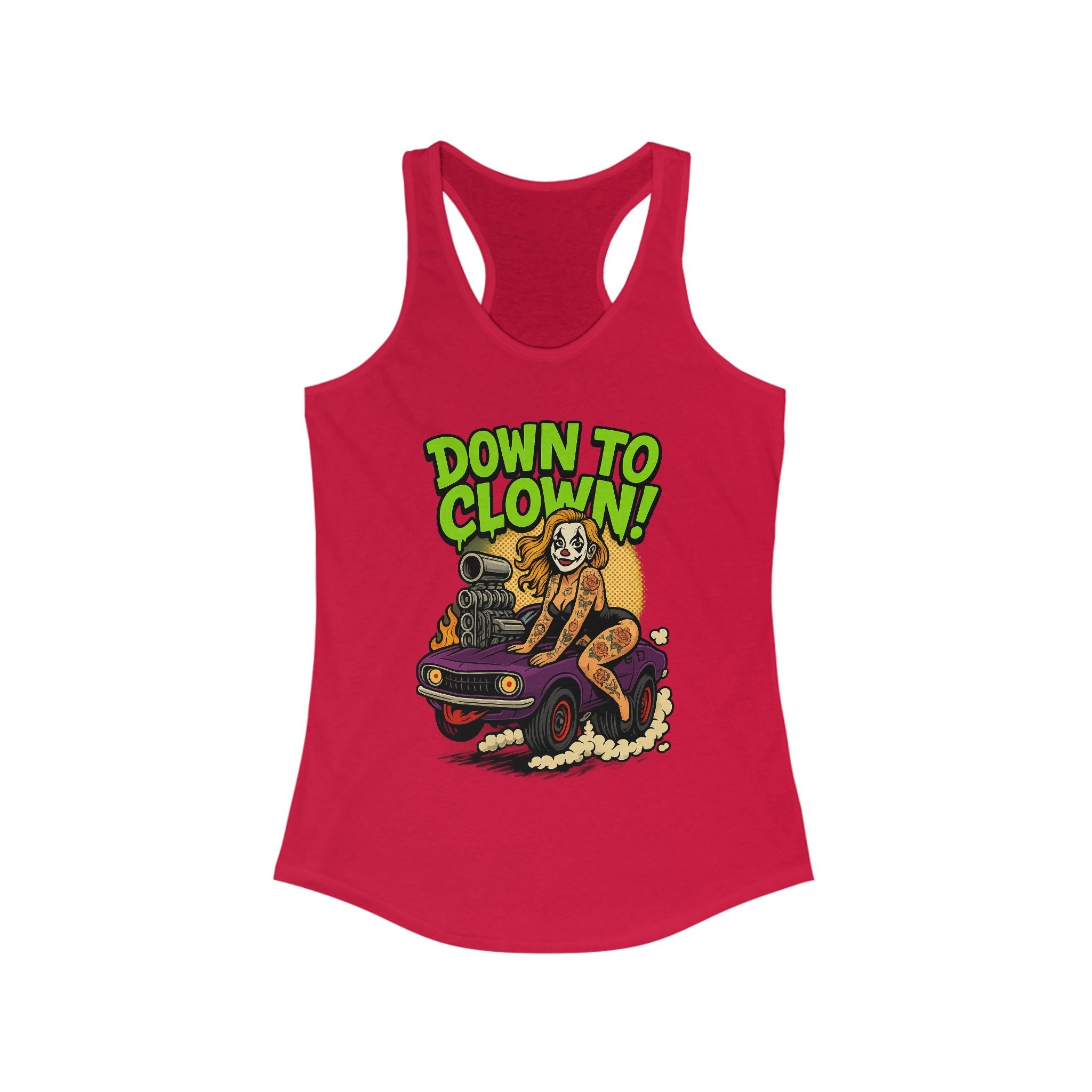 “Down to Clown” Racerback Tank Top – Funny Retro Muscle Car Clown Graphic Shirt for Women