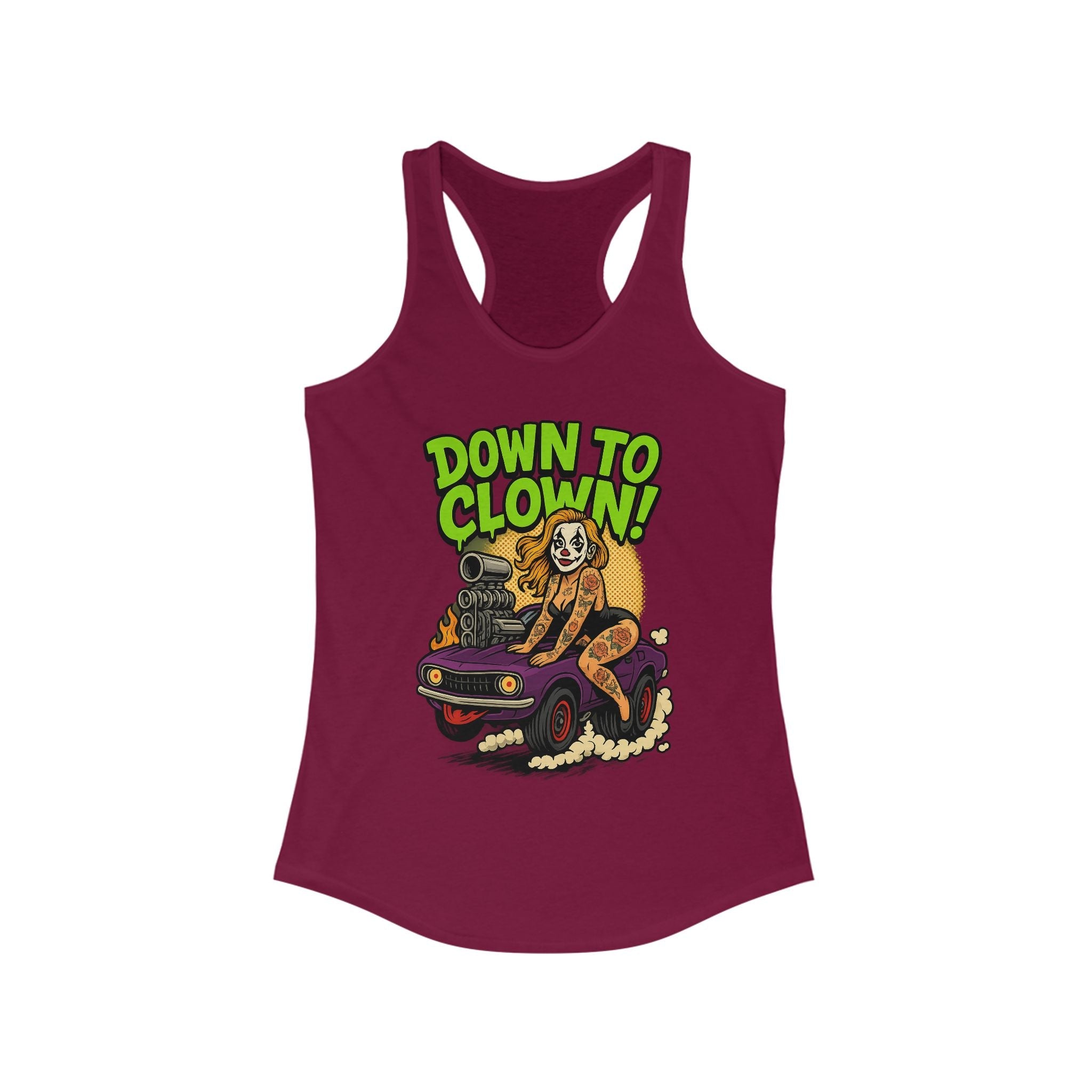 “Down to Clown” Racerback Tank Top – Funny Retro Muscle Car Clown Graphic Shirt for Women