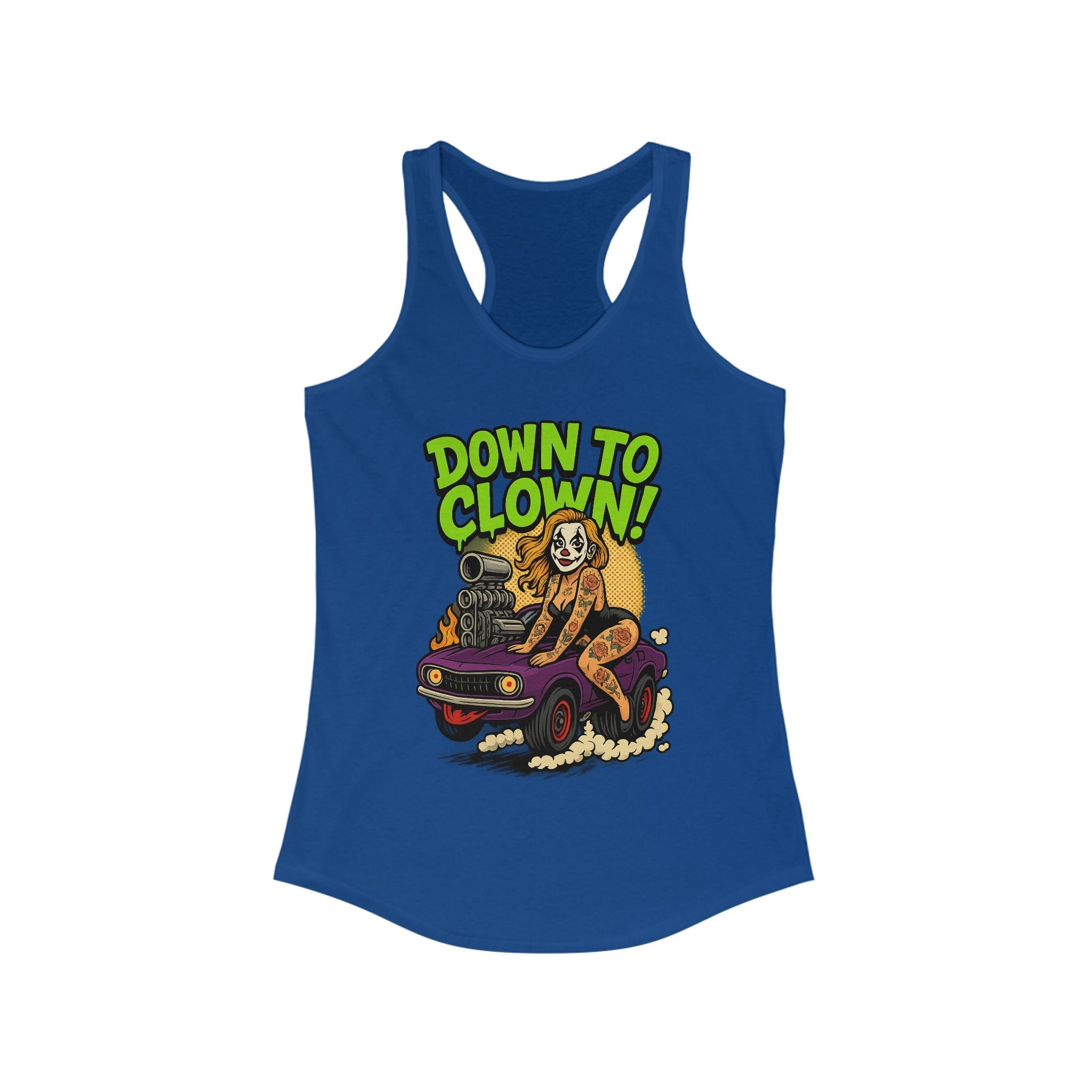 “Down to Clown” Racerback Tank Top – Funny Retro Muscle Car Clown Graphic Shirt for Women