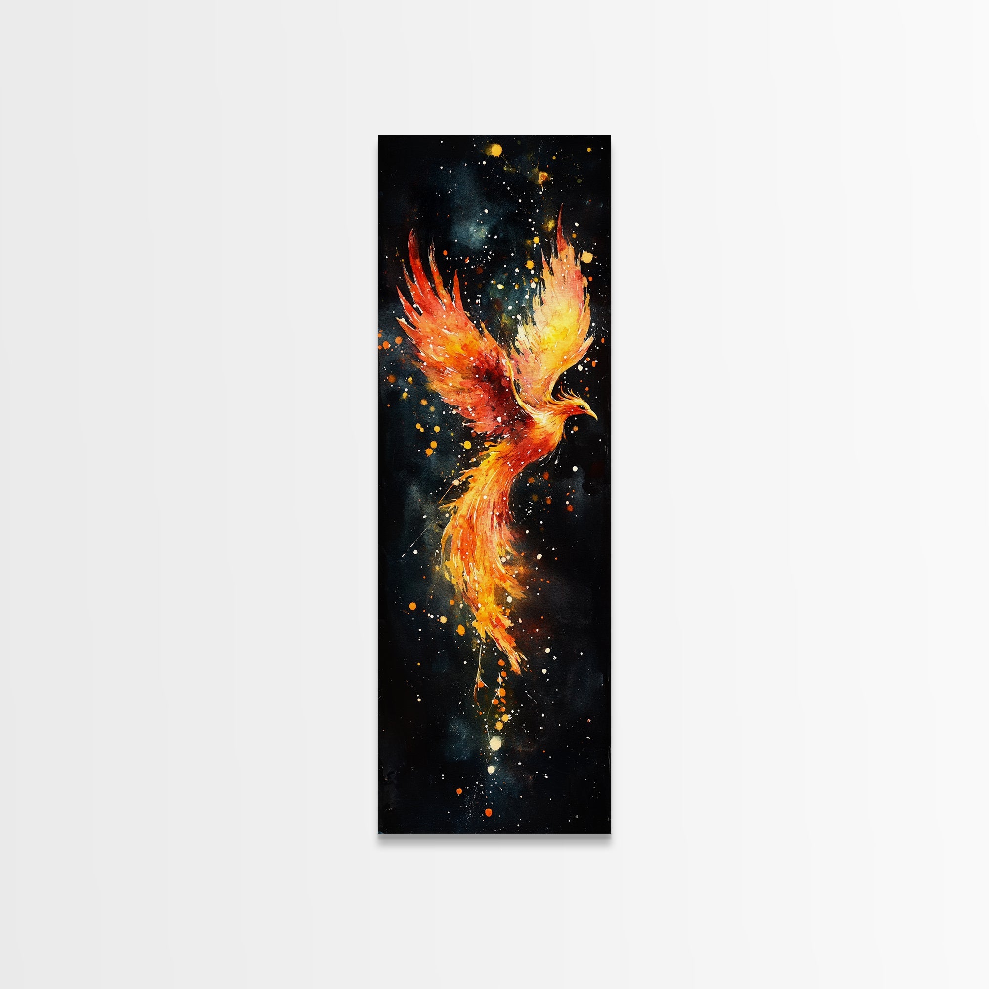 Radiant Phoenix in Flight Canvas Print, Framed Tall Wall Art, Unique Living Room Decor, Firebird Painting for Spiritual Art Lovers