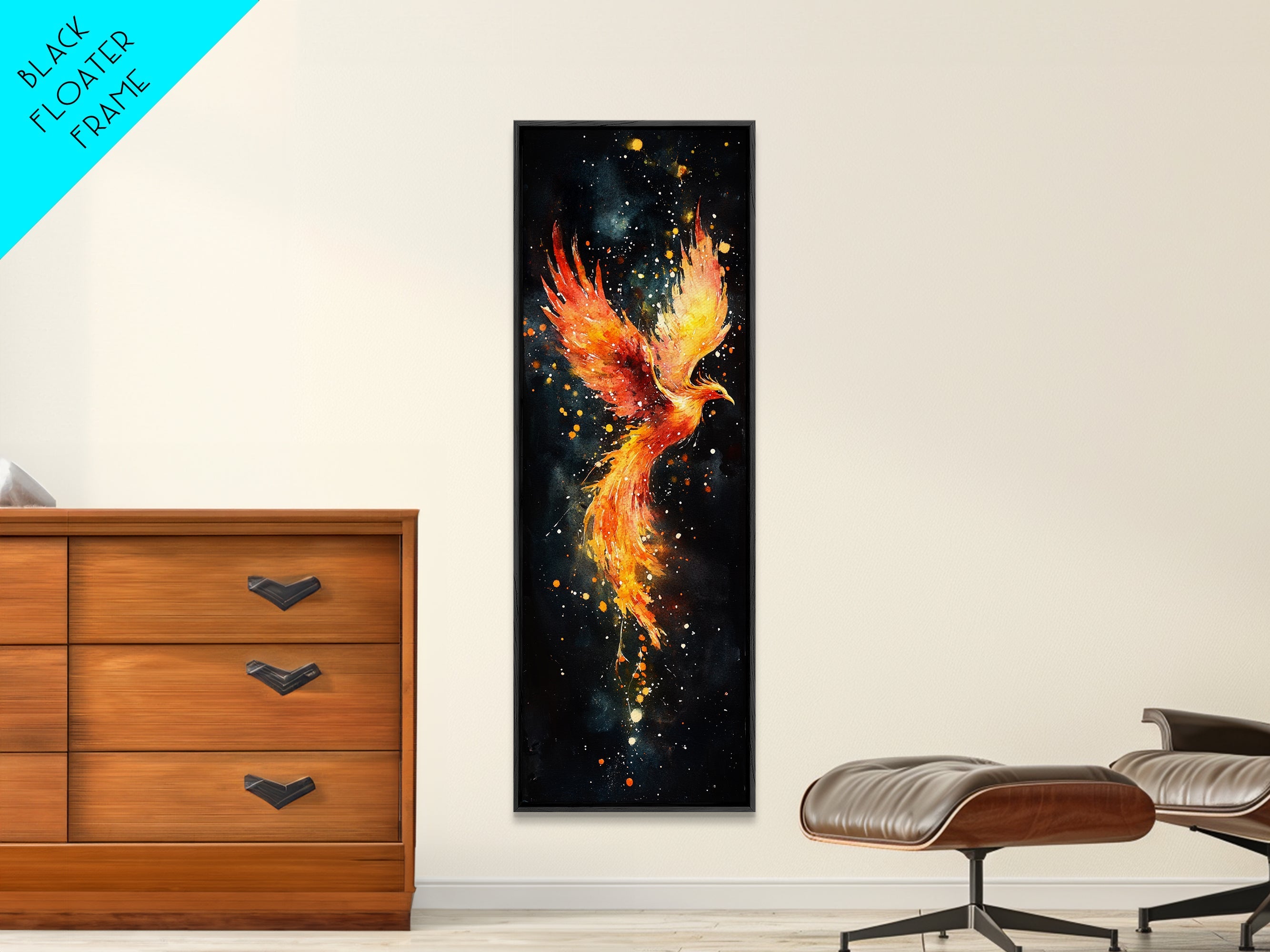 Radiant Phoenix in Flight Canvas Print, Framed Tall Wall Art, Unique Living Room Decor, Firebird Painting for Spiritual Art Lovers