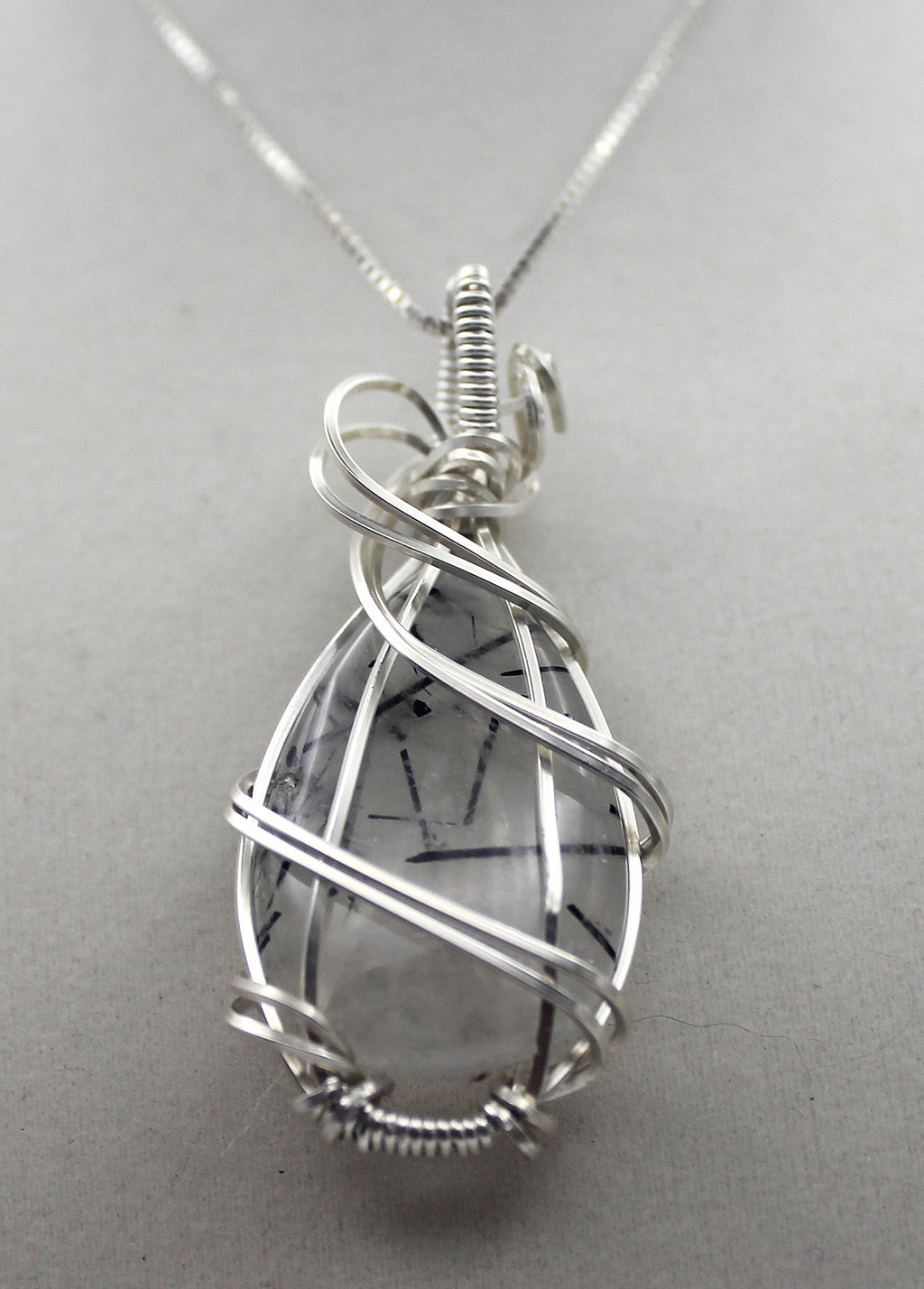 Silver Argentium Black Rutilated Quartz Teardrop Pendant Necklace – Natural Tourmalinated Quartz, Protection & Grounding