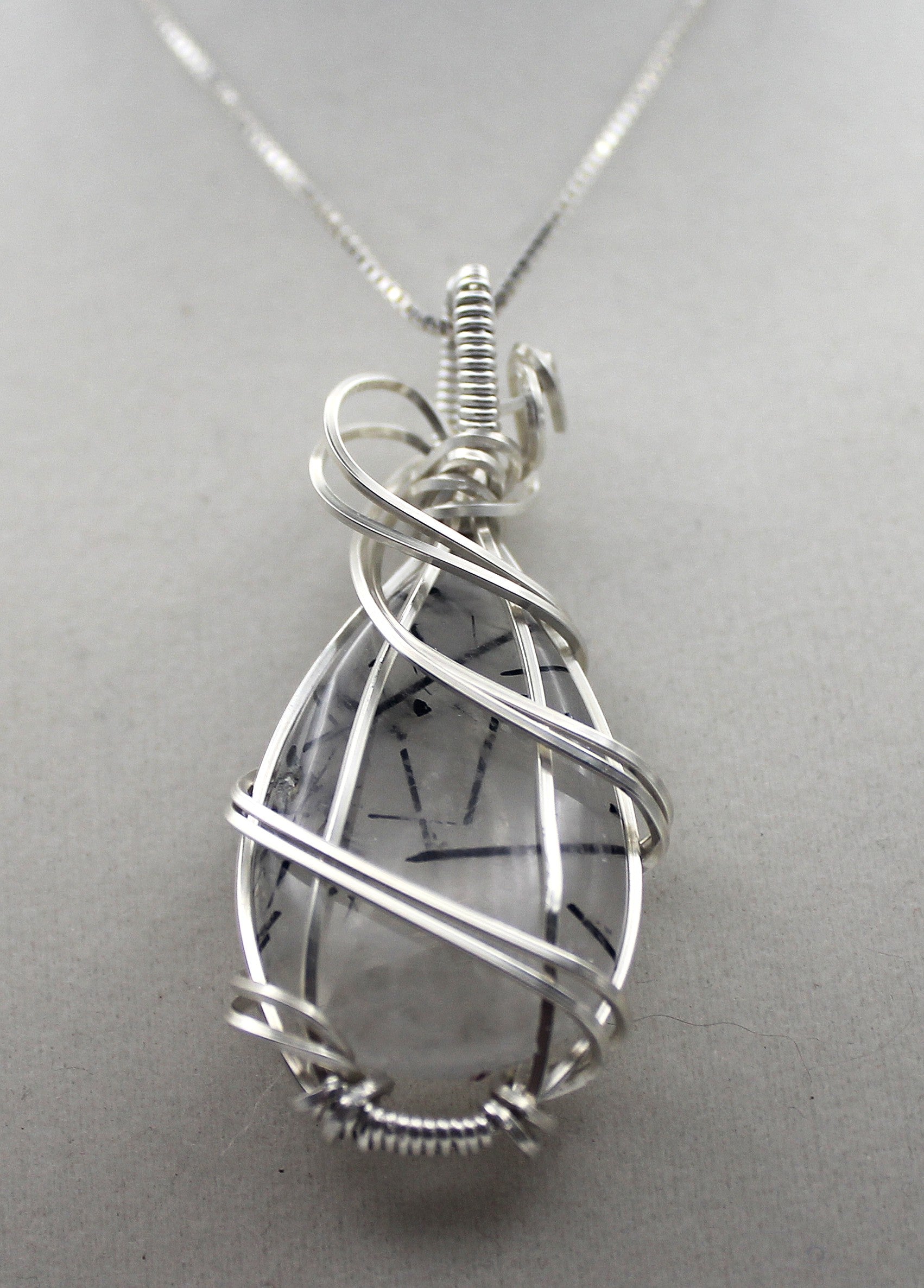 Silver Argentium Black Rutilated Quartz Teardrop Pendant Necklace – Natural Tourmalinated Quartz, Protection & Grounding