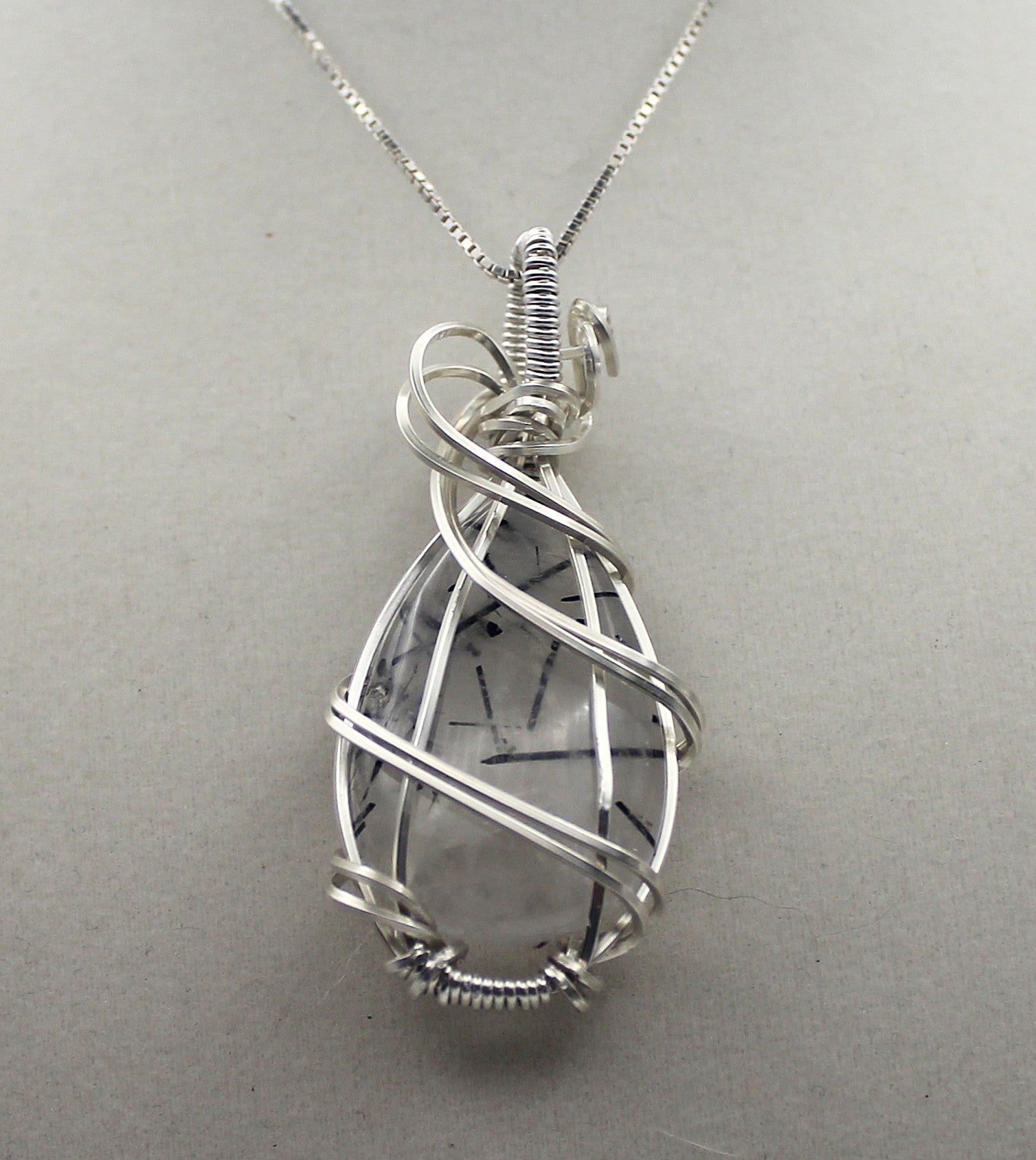 Silver Argentium Black Rutilated Quartz Teardrop Pendant Necklace – Natural Tourmalinated Quartz, Protection & Grounding