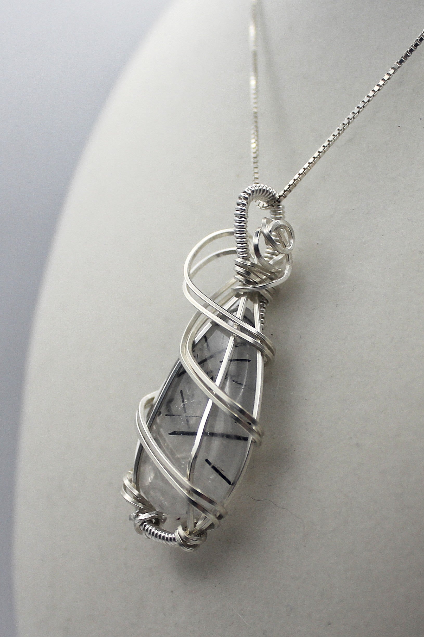Silver Argentium Black Rutilated Quartz Teardrop Pendant Necklace – Natural Tourmalinated Quartz, Protection & Grounding