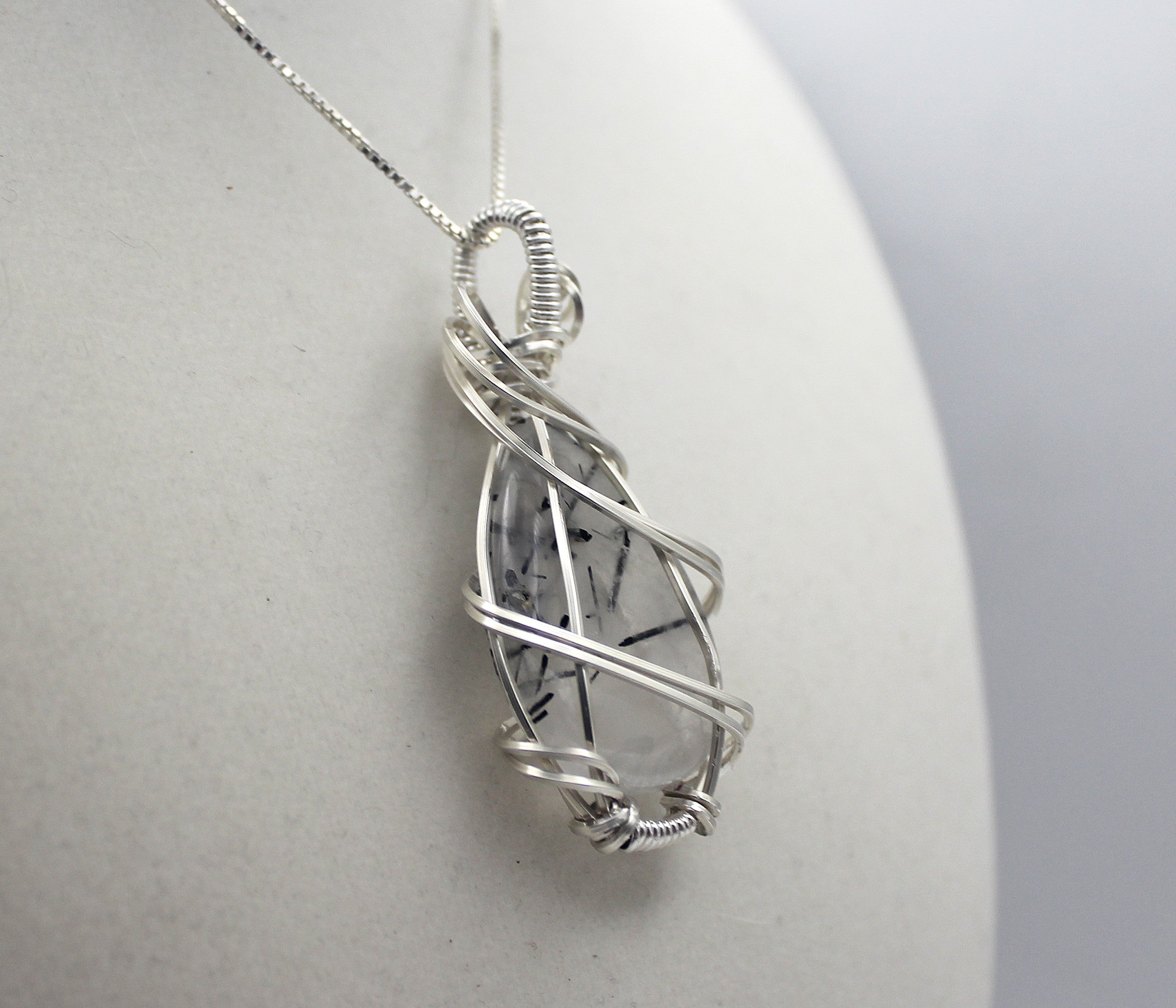 Silver Argentium Black Rutilated Quartz Teardrop Pendant Necklace – Natural Tourmalinated Quartz, Protection & Grounding