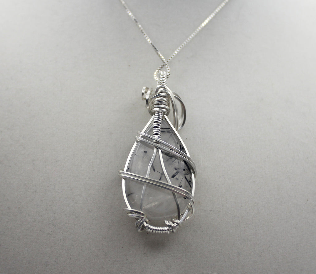 Silver Argentium Black Rutilated Quartz Teardrop Pendant Necklace – Natural Tourmalinated Quartz, Protection & Grounding