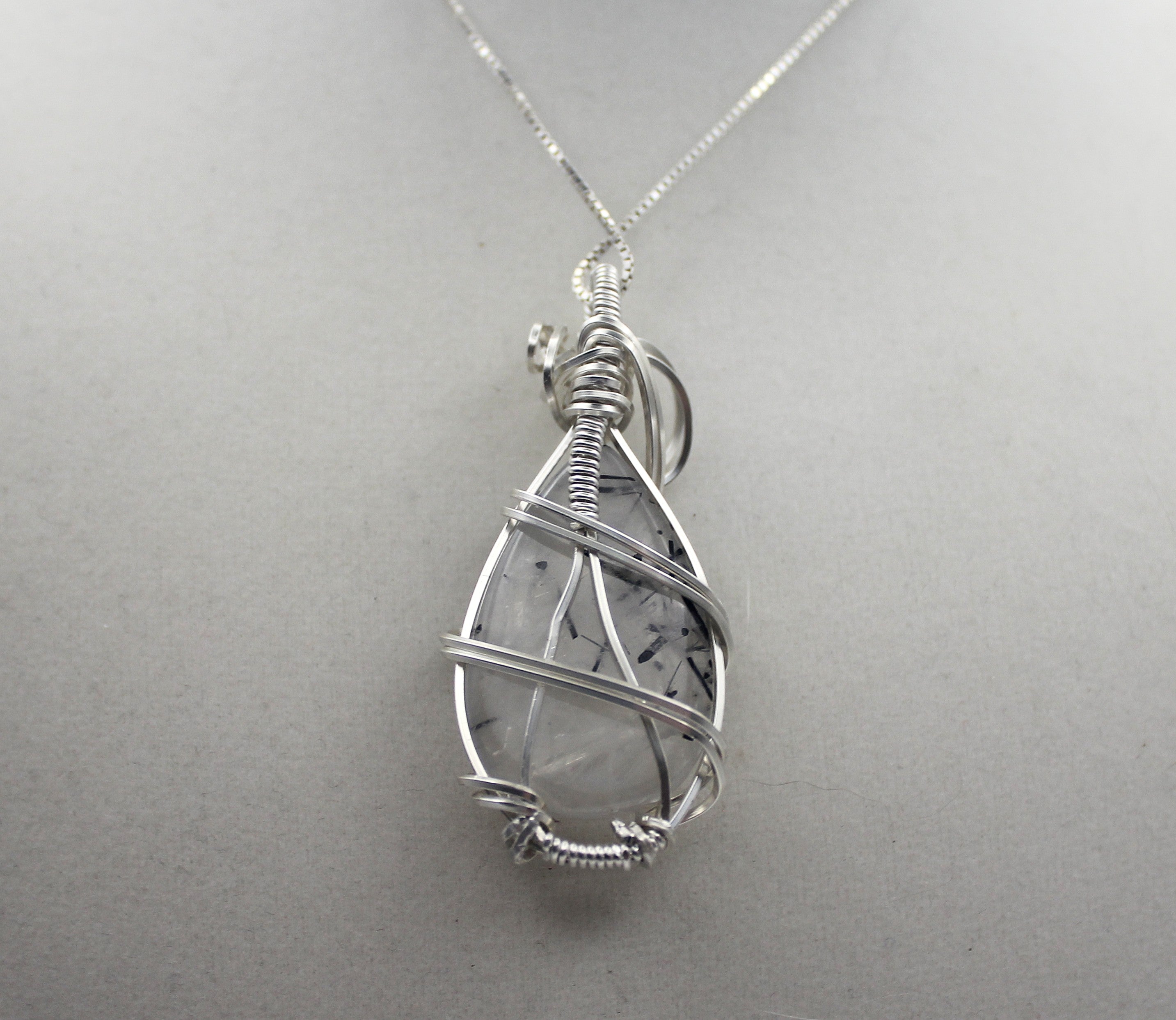 Silver Argentium Black Rutilated Quartz Teardrop Pendant Necklace – Natural Tourmalinated Quartz, Protection & Grounding