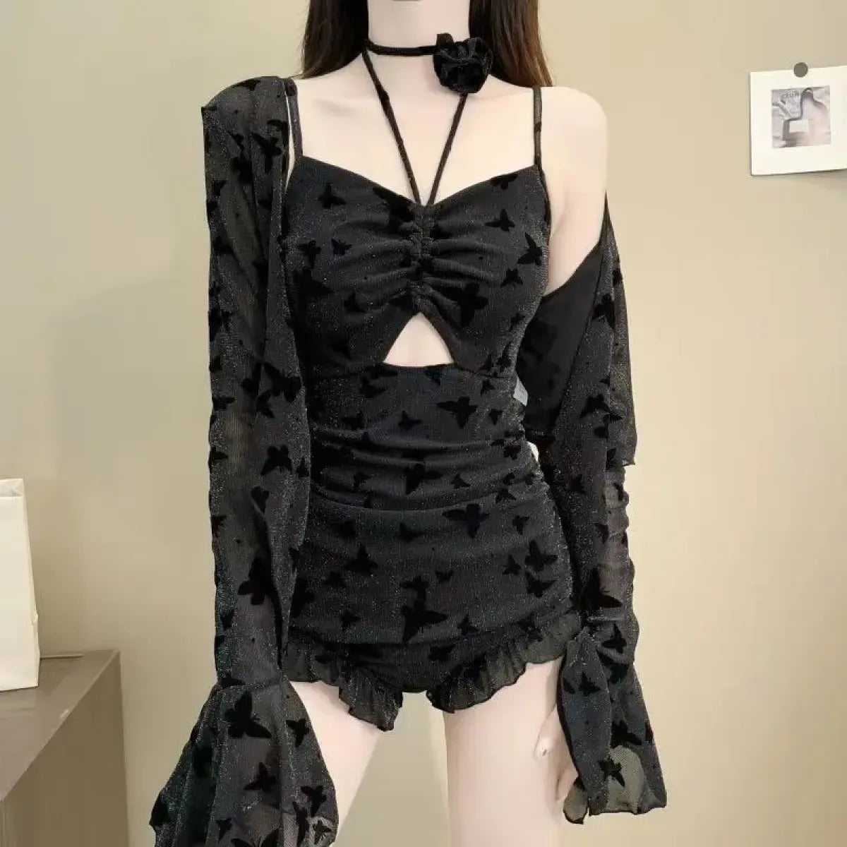 Butterfly Glitter Swimsuit – Kpop 3D Flower 3PCS Mesh Set