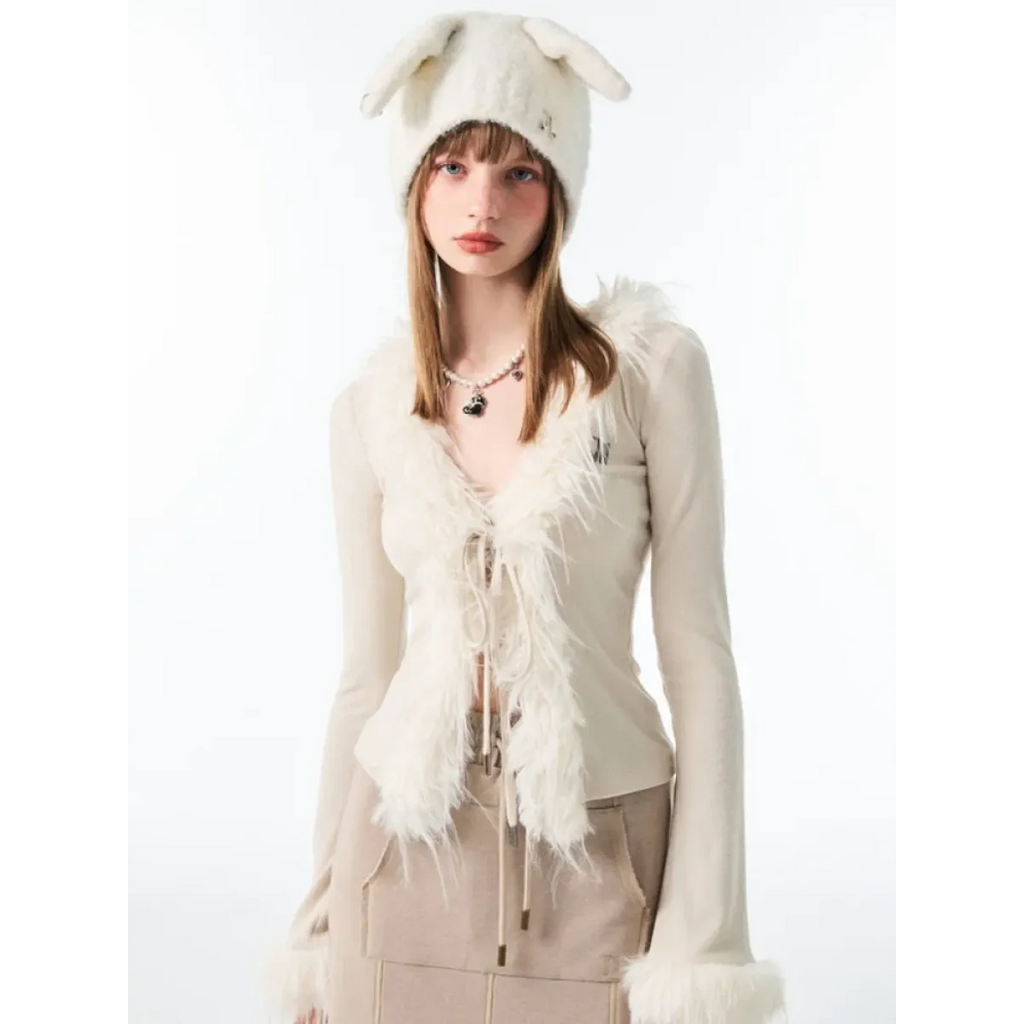 Lace-Up Faux Fur Cardigan – Vintage Slim Fit Long Sleeve Top