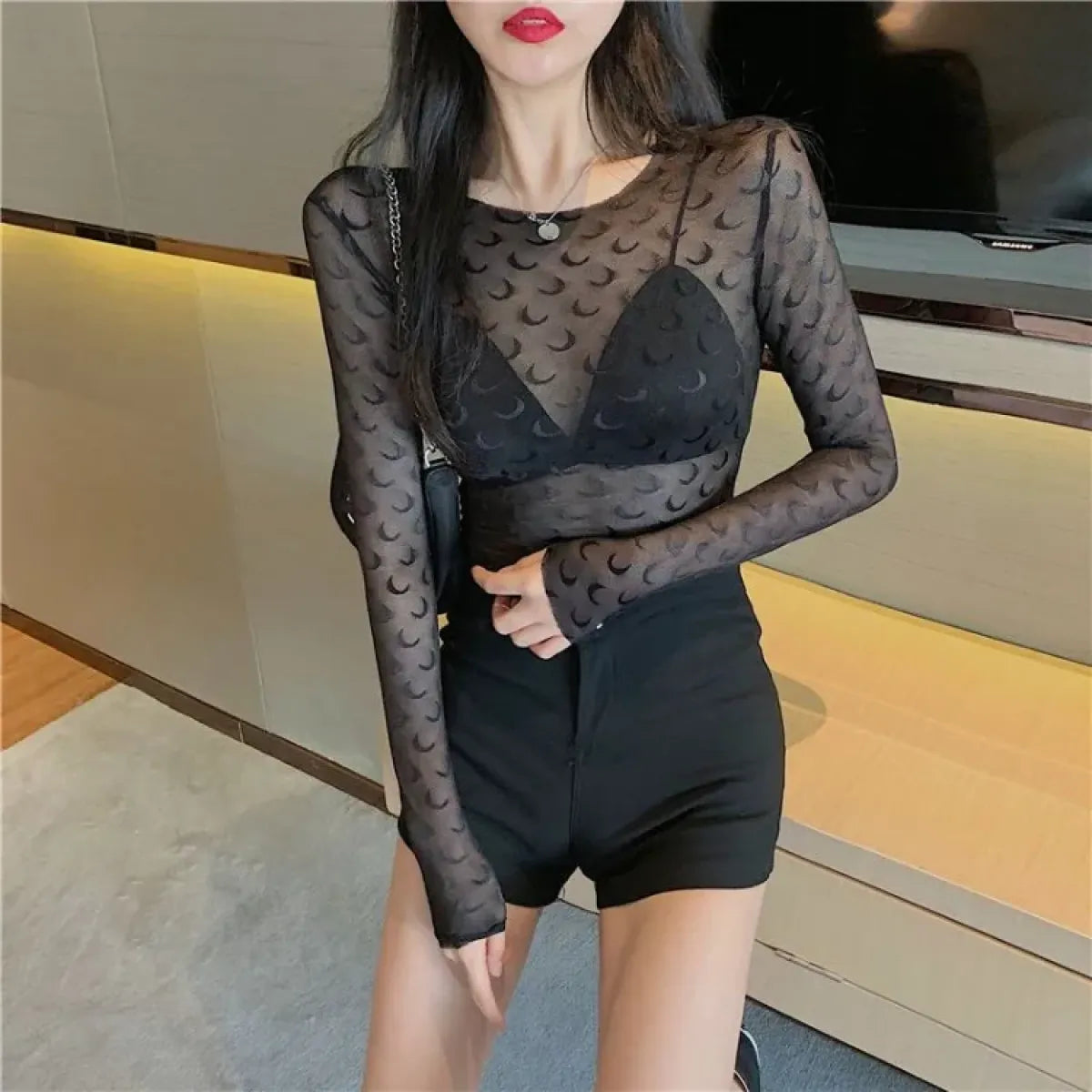 Moon Mesh Top – Y2K Grunge Long Sleeve Slim Fit Tee